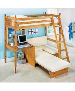 Pine Spindle High Sleeper with Desk and Sofabed