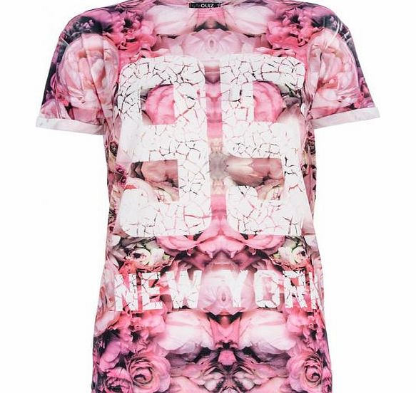 PINK And White Flower Print New York No.95 T-Shirt