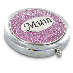 PINK Glitter Mum Silver Plated Compact Mirror