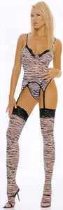 3 Piece Zebra Print Soft Cup Cami Garter Top G-String And Stockings- One Size- Zebra