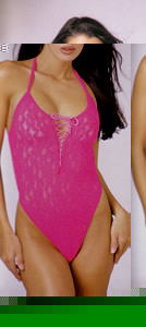 Pink Piranha Pucker Lace Halter Teddy- Black- One Size