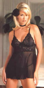 Soft Cup Lace Top Babydoll Set- Black- One Size