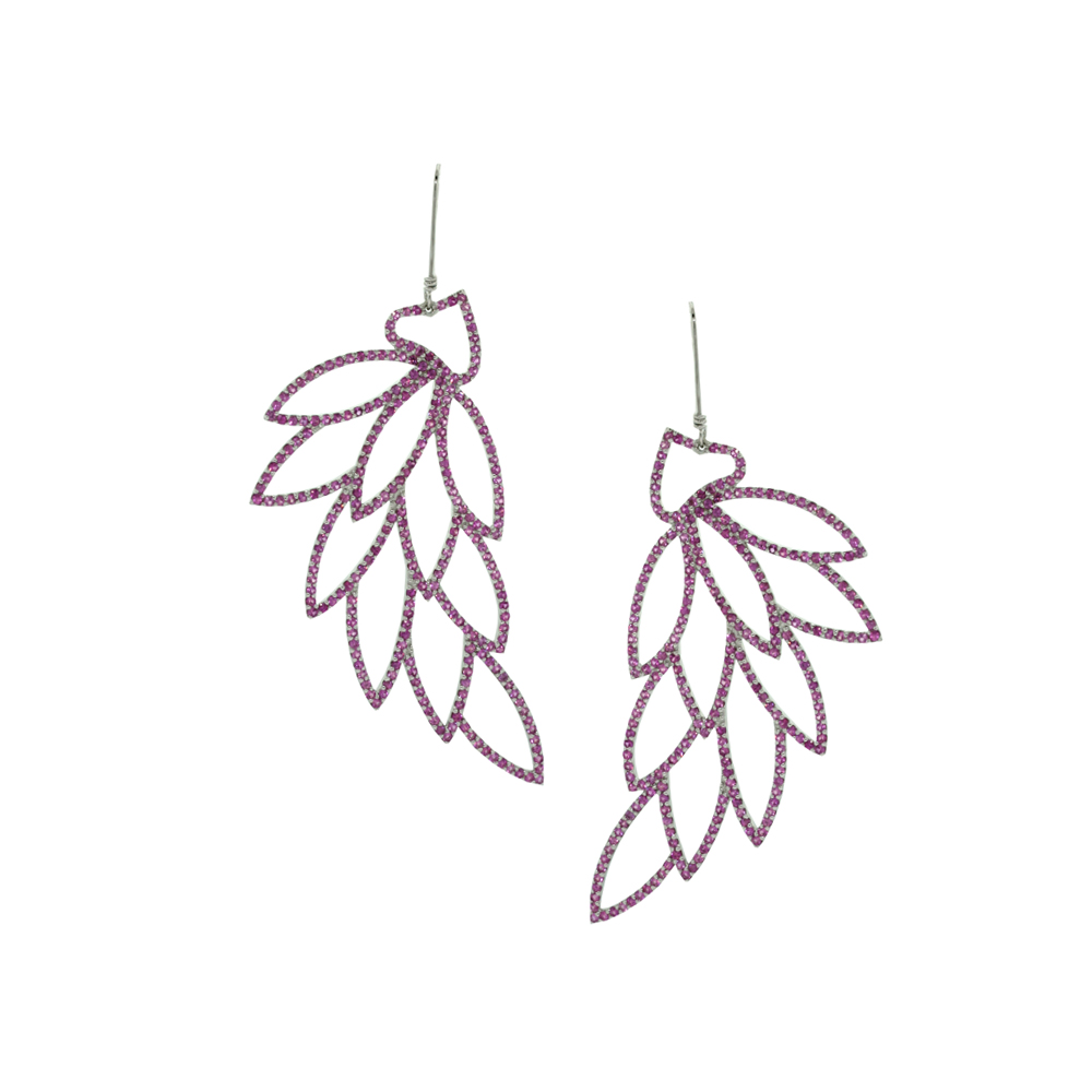 Pink Sapphires Leaf Earrings with White Gold Hook