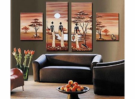Pinzhi Hand-painted Oil Paintings Abstract Landscape African Life 4 Pieces on Canvas Wall Art Home Decoration