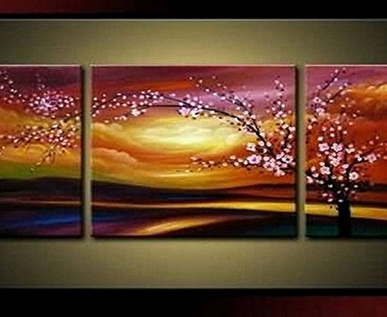Pinzhi Hand-painted Oil Paintings Abstract Landscape Plum Tree Blossom on Canvas Wall Art Home Decoration 3pcs/set