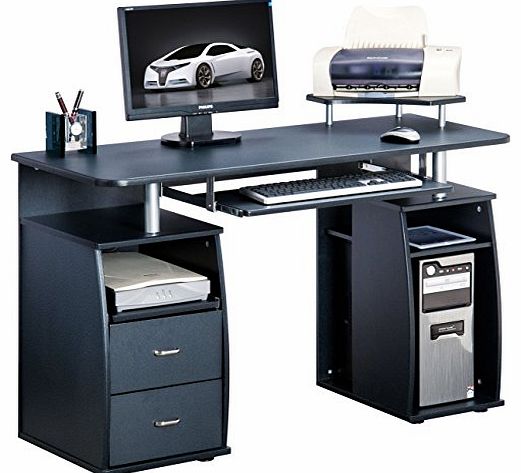 Piranha Large Black Computer Desk with 2 Drawers and 4 Shelves for the Home Office PC 5g