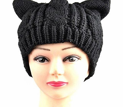 Pixnor Cute Autumn Winter Cat Ears Shaped Womens Girls Crochet Braided Knit Ski Wool Hat Warm Beanie Cap (Black)