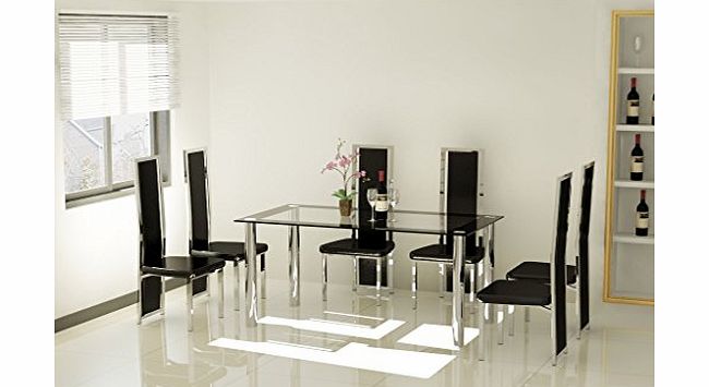 PKL Leisure Modern Glass amp; Chrome 6 Seat Dining Room Table amp; Black Chairs Set