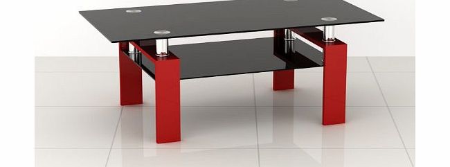 PKL Leisure Rectangular Black Glass Coffee Table with Red Legs