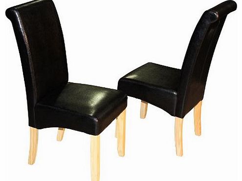 Set of 2 Black Scroll Back Faux Leather Dining Chairs with Oak Colour Legs