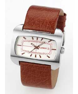 Playboy Gents Brushed Chrome Brown Strap Watch