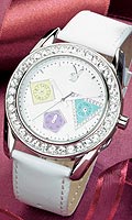 Womens Stone Set Multi Dial White Leather Strap Watch