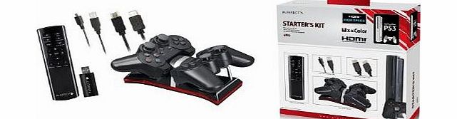 Playfect 4-in-1 Starter Kit including Media Remote Control, HDMI Cable, Dual Power Station and USB Charging Cable Compatible with Playstation 3 - Black