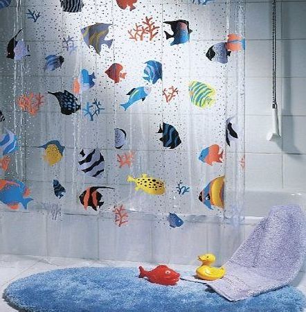 Playlearn QUALITY Transparent Fish Clear Plastic Shower Curtain, 180 x 200 cm, Blue/ Orange/ Yellow/ Black/ Green - Long Length