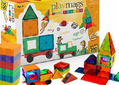 Playmags Clear Colors Magnetic Tiles Deluxe Building Set with Car (100 Pieces)