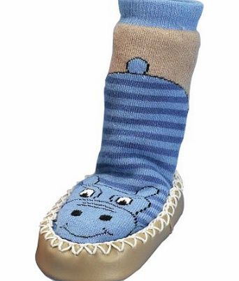 Playshoes Boys Slipper Moccasin House Shoes Hippo Ankle Socks Blue Size 6-8.5