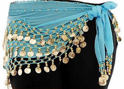 PLSHOPS One Size Fit All - Sky Blue Gold Coins Belly Dance Skirt WITHOUT Bracelet/Cuff