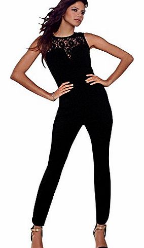 PLUSFIVE  Jumpsuits for Women Trousers Fashion Jointed Lace Flower Sleeveless Ankle-length Skintight Playsuits Black M