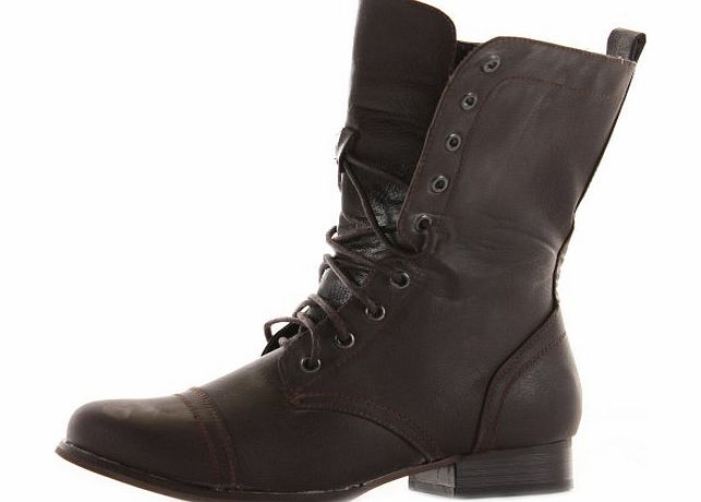 Pop Ladies Womens Black Army Lace Up Combat Flat Military Ankle Boots Size 3-20