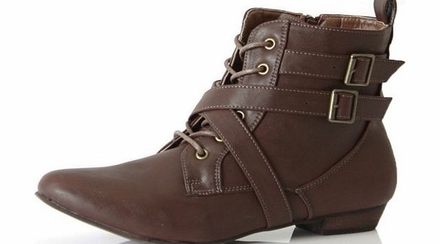 POP Size 6 Style 4 Brown - Womens Pixie Vintage Style Winter lace up Low Heel Short Flat Ankle Boots