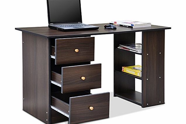 Popamazing Computer Desk Office Furniture - 3 Drawer   3 Shelves - Home Office Table Workstation (Brown)