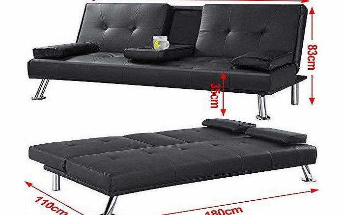 Faux Leather Folding Sofa Bed With Cup Holders (Black)