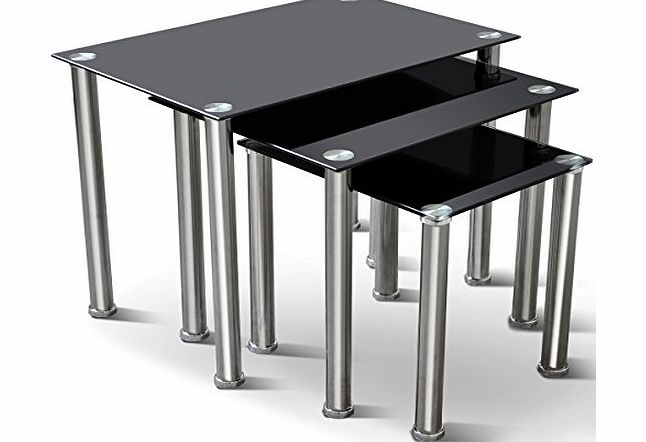 Popamazing New Fashionable Nest of 3 Black Modern Quality Tables Thick Tempered Glass amp; Chrome Legs