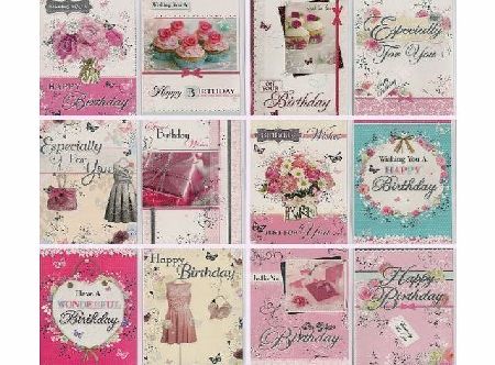 12 Various Embossed Female Classic & Trendy Birthday Cards & Envelopes, Fashion, Flowers and Cupcakes!
