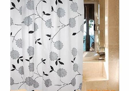 BOLD BLACK WHITE SILVER GREY RETRO FLOWERS 180 X 180 cm SHOWER CURTAIN 12 HOOKS