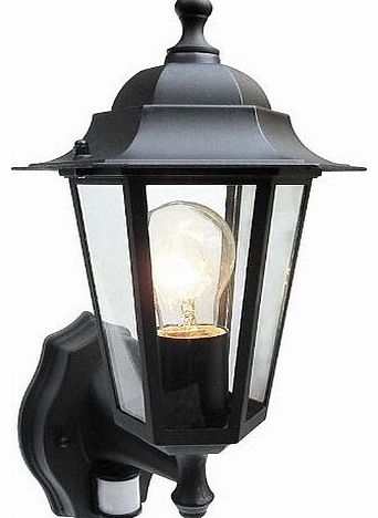 Outdoor 6 Sided Black Wall Lantern Security Light Complete With PIR Motion Sensor Detector IP43 Weatherproof With Lamp