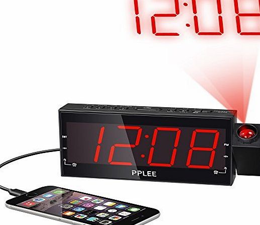 PPLEE 1.8`` LED Dimmable Projection Clock Radio with FM,USB Charging,Dual Alarm,Battery Backup,Sleep Timer,Snooze