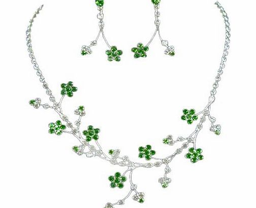 Extravagant Bridal Green Crystal Floral Jewellery Necklace and Earrings Set with PreciousBags Dust Bag