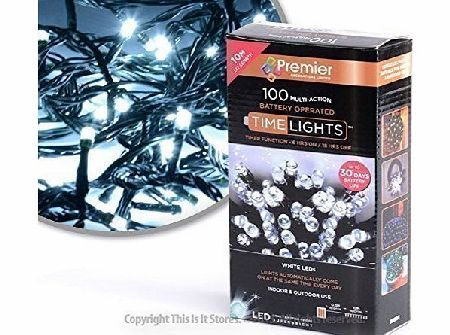 Premier 14. 100 Bright White LED Multi Action Christmas Lights, Battery Operated, Timer - Indoor and Outdoor