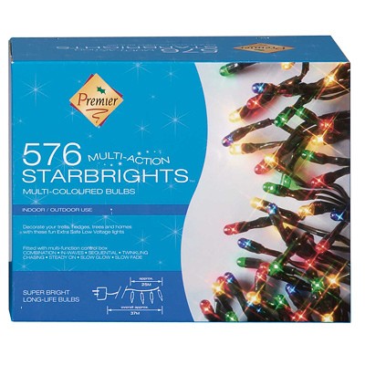Premier Christmas Lights Starbrights 576 Multi Action Multi Coloured Bulbs