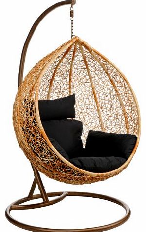 Hanging Rattan Chair with Black Cushion - 195 cm x 105 cm x 105 cm