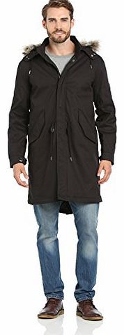 Pretty Green Mens Fixed Lined Parka Long Sleeve Coat, Black, Large