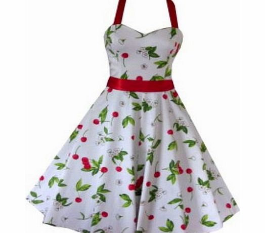 Pretty Kitty Fashion White Cherry Rockabilly 50s Pin-Up Prom Swing Dress xs 8