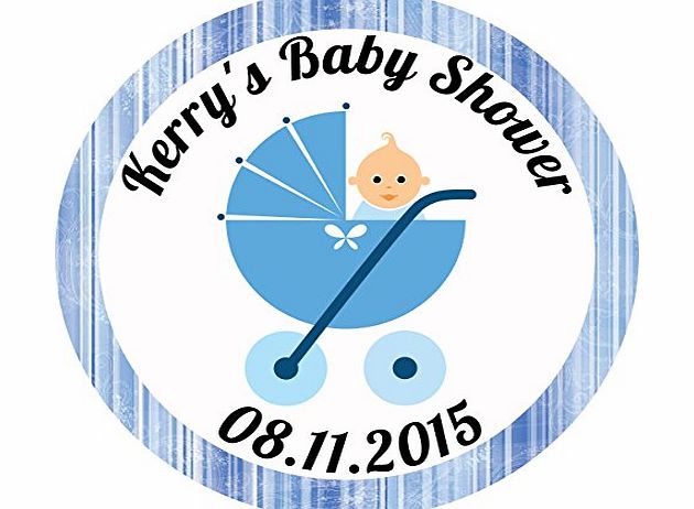 Pretty Little Stickers 50 x 3cm Blue PERSONALISED Baby Boy Pram Baby Shower Stickers Favours/Save The Date/Invites