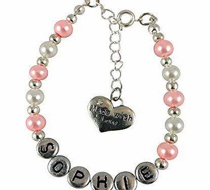 Pretty little things Made with love personalised childrens girls bracelet Pink white silver in colour and charm