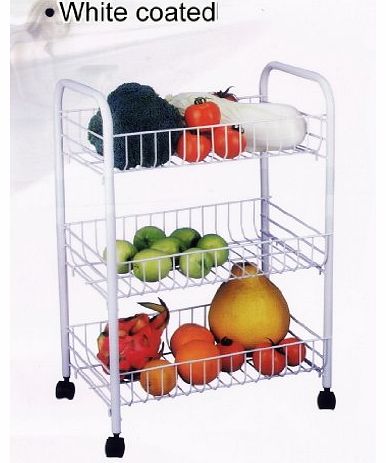 WHITE 3 TIER FRUIT VEGETABLE RACK WHEELS STORAGE STAND CART TROLLEY KITCHEN (White Coated)