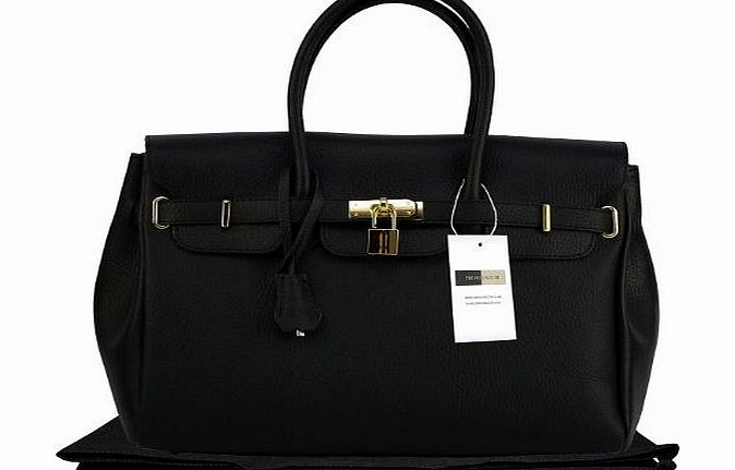 Genuine Italian Leather Black Strap and Padlock Design Handbag. LARGER VERSION. Includes a Protective Dust Bag.