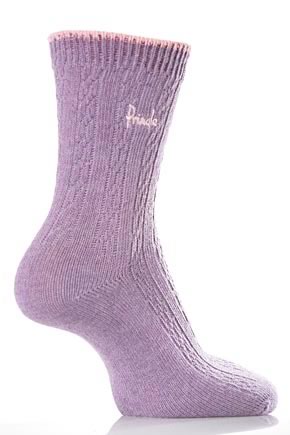 Ladies 2 Pair Pringle Helen Cable Knit Cotton Sock In 6 Colours Lilac Marl