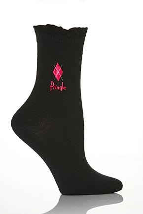 Ladies 2 Pair Pringle Kelly Argyle Embroidered Socks In 7 Colours Pink