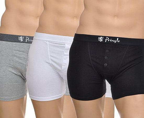 Mens 3 Pack Pringle Button Front Cotton Boxer Shorts In 3 Colours - Extra Large - Black / White / Grey