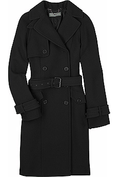 Black wool double-breasted trench coat with a large lapel collar.