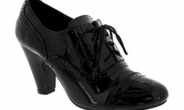 Project Womens Mary Jane Brogue Lace Up Ankle Boot Cuban Heels Work Office Shoes - Black Pat - 5