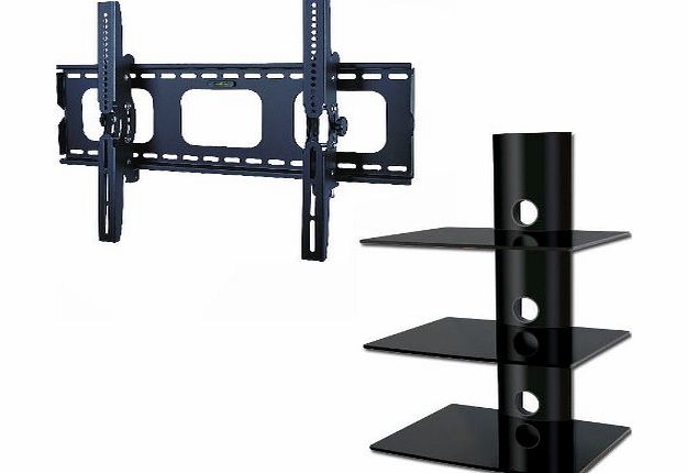  Package Deal! LED LCD Plasma TV Wall Mount Bracket eith Tilt for 32`` - 55`` + 3 tier Floating Black Glass Shelves Unit + FREE Fitting hardware for Samsung LG SONY PANSONIC PHILLIPS and more