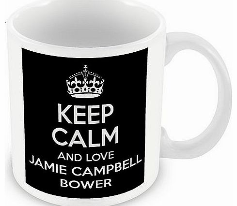 Keep Calm and Love Jamie Campbell Bower (Black) Mug / Cup (choose to personalise with any name, photo, message or colour) - Celebrity inspired fan tribute gift