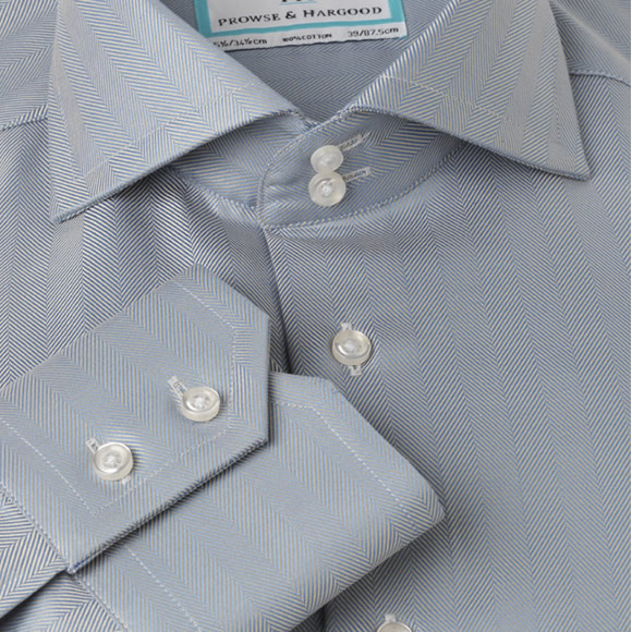 Prowse and Hargood Diamond Blue Herringbone Fitted Shirt
