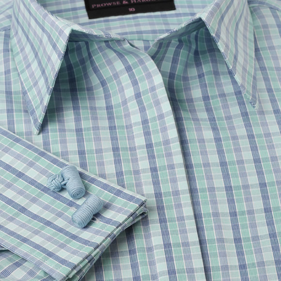 Prowse and Hargood Womens Blue & Mint Check Fitted Shirt